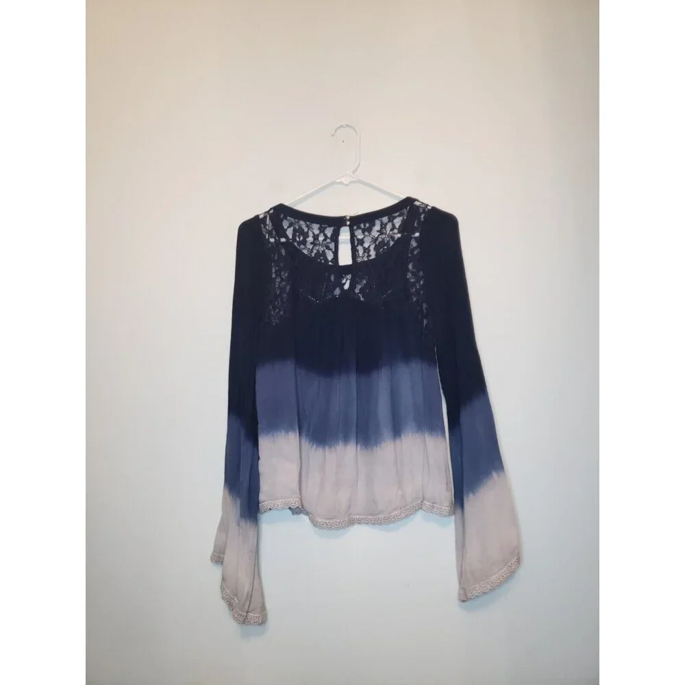 Patrons Of Peace Womens S Top Semi Sheer Lace Blue Ombre Long Bell Sleeve Rayon - Picture 2 of 6